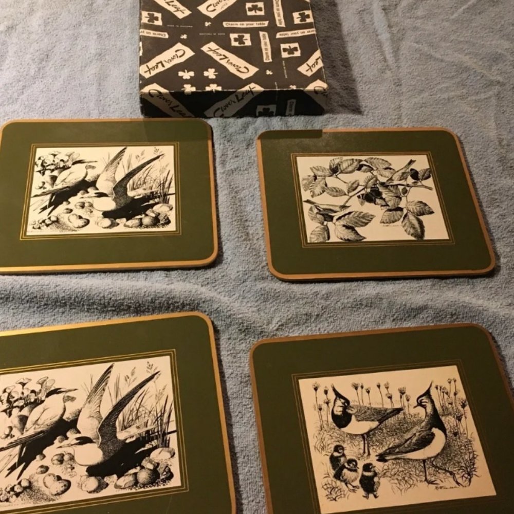 Cloverleaf R65 bird woodcuts table coasters new in box vintage